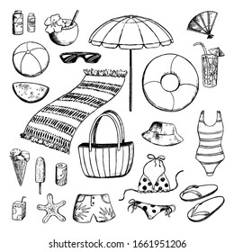 Hand drawn vector illustration. Set of cute accessories for a beach vacation. Holidays at sea, summer, beach. Vacation theme collection in sketch style. Black ink contour elements isolated for design.