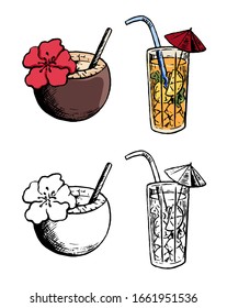 Hand drawn vector illustration. Set of contour and color drawing isolated on white. Lovely summer tropical cocktails. Doodle elements for design, prints, menu, sticker. Vintage, ink sketch, realistic.