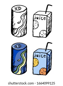 Hand drawn vector illustration. Set of contour and color drawing isolated on white. Cool drinks in tin and cardboard packaging. Doodle elements for design, prints, sticker. Vintage, sketch, realistic.