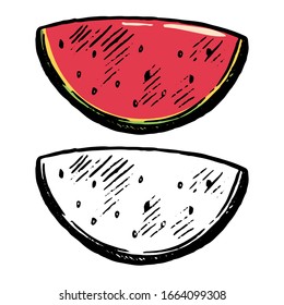 Hand drawn vector illustration. Set of contour and color drawing isolated on white. Summer fruit, piece of watermelon. Doodle element for design, print, sticker. Vintage, ink sketch, realistic style.