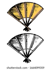 Hand drawn vector illustration. Set of contour and color drawing isolated on white. Folding hand fan against heat. Doodle element for design, card, print, sticker. Vintage, ink sketch, realistic style