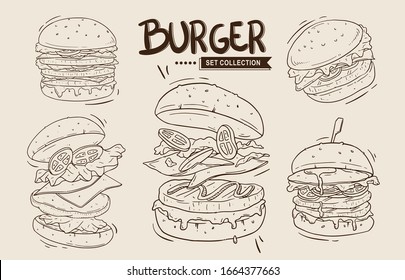 Hand drawn vector illustration set of popular burger for burger restaurant, burger menu template and decoration