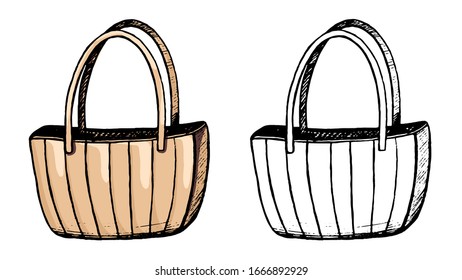 Hand drawn vector illustration. Set of contour and color drawing isolated on white. Classic beach bag. Eco bag. Doodles element for design, card, print, sticker. Vintage, ink sketch, realistic style.