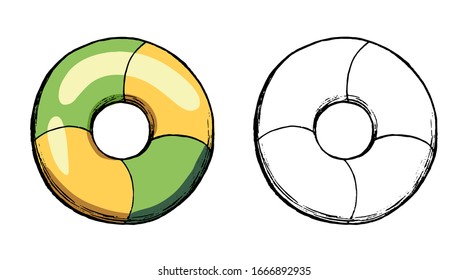 Hand drawn vector illustration. Set of contour and color drawing isolated on white. Inflatable lifebuoy for a beach vacation. Doodle element for design, sticker. Vintage, ink sketch, realistic style.