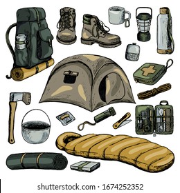 Hand drawn vector illustration. Set of travel attributes and tourism accessories. Camping, hiking theme collection in sketch style. Colored cartoon realistic elements isolated on white for design.