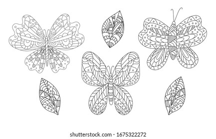 Hand drawn vector illustration. Set with cute butterflies on a white background, coloring book for children. Simple shape and ornament, Doodle style. 