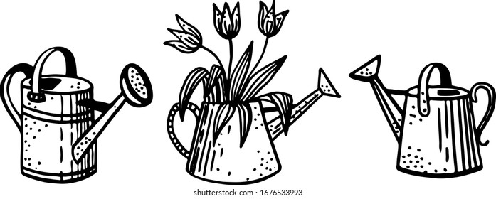  Ilustración vectorial dibujada a mano. Conjunto de latas de riego de jardín con estilo doodle aisladas en fondo blanco. Elemento de diseño, tarjetas, impresiones. Libro de Colores para adultos o niños. Tema del jardín.