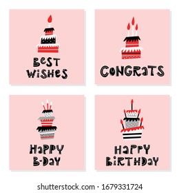 Conjunto de ilustraciones vectoriales dibujadas a mano, diseño para tarjeta de felicitación de cumpleaños, etiqueta de regalo - Felicitaciones, cumpleaños feliz, cumpleaños feliz, carta de mejores deseos, pastel con velas - Blanco, rojo, negro sobre fondo rosa