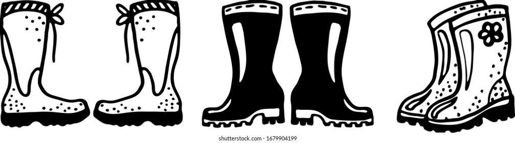 Hand drawn vector illustration. Set of contour isolated on white. Black and white image of rubber boots. Doodles elements for design, cards, prints, poster.