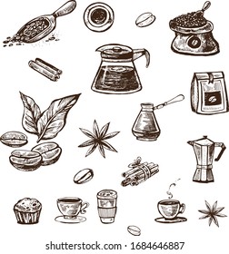 Hand drawn vector illustration set with coffee beans, cups, branch, cinnamon, coffee pots, 