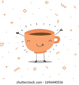 Hand drawn vector illustration set of happy morning coffee mug in a doodle cartoon flat design style on geometric shapes background.