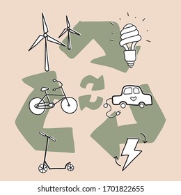 Hand drawn vector illustration of a set of ecology concepts, designs, and icons in doodle style. Zero waste, recycle, eco friendly tools, environment protection.