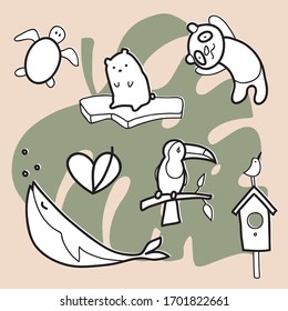 Hand drawn vector illustration of a set of ecology concepts with animals, designs, and icons in doodle style. Zero waste, recycle, eco friendly tools, environment protection.
