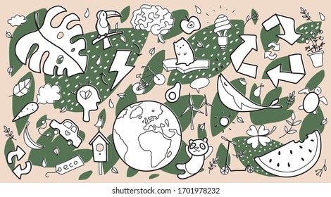 Hand drawn vector illustration of a set of ecology concepts, designs, and icons in doodle style. Zero waste, recycle, eco friendly tools, environment protection.