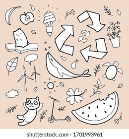 Hand drawn vector illustration of a set of ecology concepts, designs, and icons in doodle style. Zero waste, recycle, eco friendly tools, environment protection.