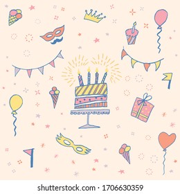 Hand drawn vector illustration set for birthday, party, anniversary, carnival, festival. Sketch doodle design elements image. Seamless pattern for fabric, wrapping paper, textile, cloth, material