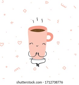 Dibujo a mano conjunto de ilustraciones vectoriales de tazón de café matutino en el loto yoga posar en un dibujo caricaturizado estilo plano de diseño sobre el fondo de formas geométricas.