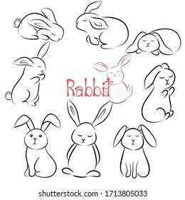 Hand drawn vector illustration set character design of cute rabbit. Doodle style.