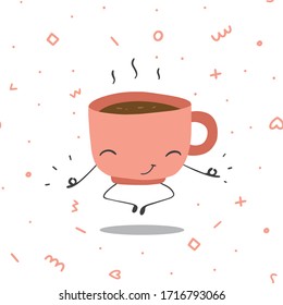 Hand drawn vector illustration set of morning coffee mug in lotus yoga pose in a doodle cartoon flat design style on geometric shapes background.