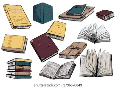 Hand drawn vector illustration set. Collection of cozy vintage books. Realistic style sketch drawing. Colorful elements isolated on white. Objects for design, prints, stickers, cards, poster, banner.