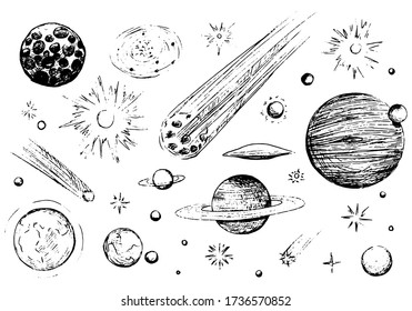 Hand drawn vector illustration set. Ink sketch of space objects. Collection of comets, planets, stars, asteroids. Black outline elements isolated on white. For design prints, poster, decor, cards etc 