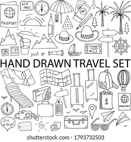 Hand drawn vector illustration set of travel, tourism and summer doodles elements. Isolated on white background.