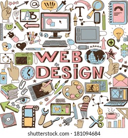 Hand drawn vector illustration of a set of web design elements of sign and symbol of doodles. Isolated on white background 