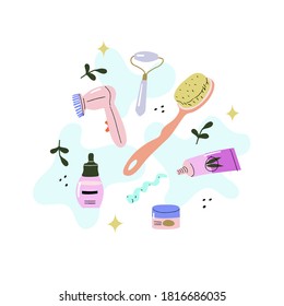 Hand drawn vector illustration set of skin care products and massagers isolated on white background. Composition of cream tube, serum, facial roller, massage brush