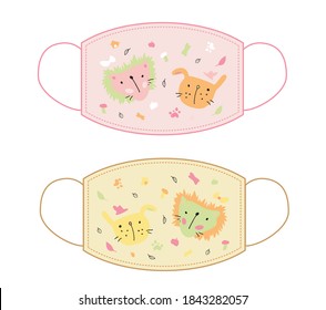 Hand drawn vector illustration with set of reusable face mask designs in funny cartoon style for kids in pink and yellow color. Woven, fabric or neoprene print for children mouth mask. Health care