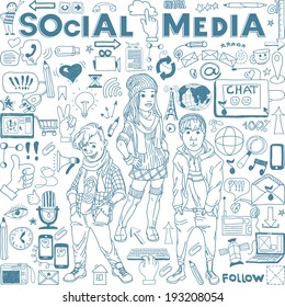 Hand drawn vector illustration set of social media sign and symbol doodles elements. Group of modern  teenagers. 