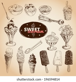 Hand drawn vector illustration set with ice Cream. Vintage. Sketch. Chalkboard.