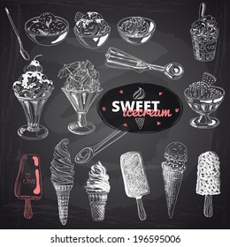 Hand drawn vector illustration set with ice Cream. Vintage. Sketch. Chalkboard.
