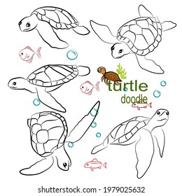  Hand drawn vector illustration. Set character design of cute turtle doodle style.