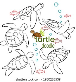  Hand drawn vector illustration. Set character design of cute turtle doodle style.