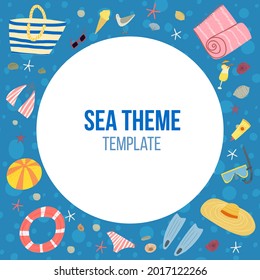Hand drawn vector illustration of set with summer vacation beach set items hat, sun screen, swimming suit, ice cream. Card, invitation, banner, round, template.