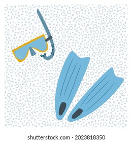 Hand drawn vector illustration of set with summer vacation water sport items snorkeling mask, swimming fins. Isolated on white background.