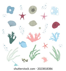 Hand drawn vector illustration of set with under water sea animals and plants set items like seashells, seaweed, kelp, fish, starfish, crab.  Card, invitation, banner, template elements