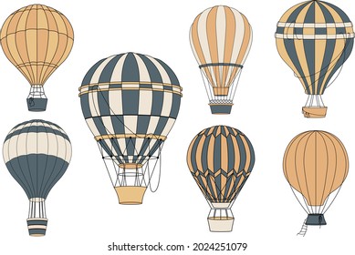 Ilustración vectorial dibujada a mano de diferentes globos de aire caliente aislados en fondo blanco. Colección perfecta para decoración, textura y papel envolvente, impresión y postales.