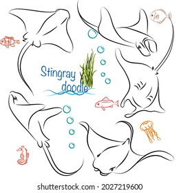 Hand drawn vector illustration. Set character design of cute stingray doodle style.