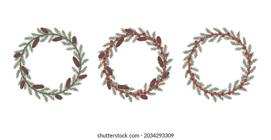 Hand drawn vector illustration set with Christmas fir wreathes. Isolated on white background. 