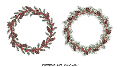 Hand drawn vector illustration set with Christmas fir and pine wreathes. Isolated on white background.