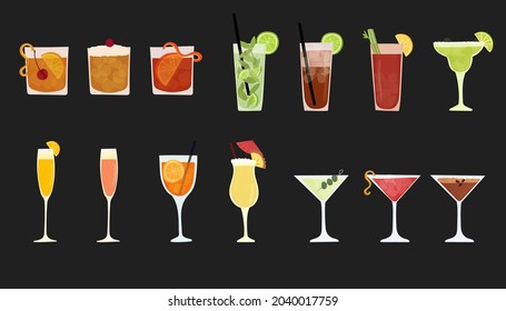 Hand drawn vector illustration set of popular alcohol drinks. Various cocktails. Isolated on white background.