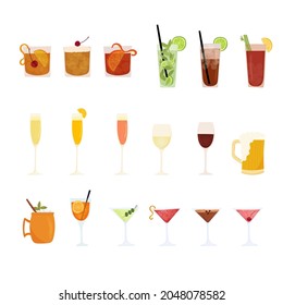 Hand drawn vector illustration set of various cocktails. Popular alcohol drinks Isolated on white background.