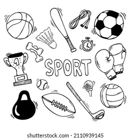 Hand drawn vector illustration set of fitness and sport sign and symbol doodles elements.