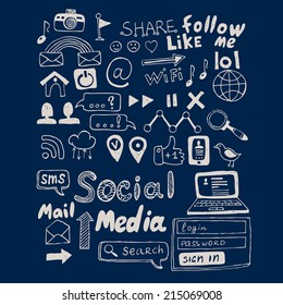 Hand Drawn Vector Illustration Set Of Social Media Sign And Symbol Doodles Elements. Isolated On Dark Background