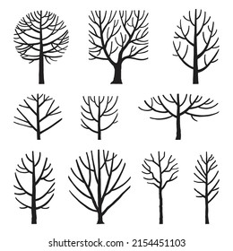 Hand drawn vector illustration set of side view trees isolated on white background.