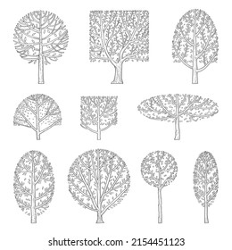 Hand drawn vector illustration set of side view trees isolated on white background.