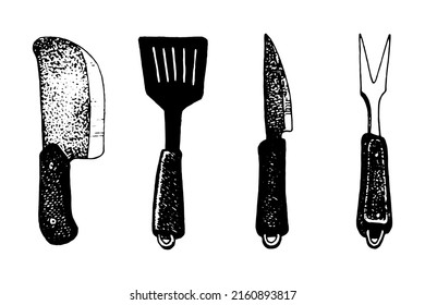 Ilustración vectorial hecha a mano de un conjunto de electrodomésticos de cocina para barbacoa. cuchillo, tenedor de dos puntas, cuchillador, espátula de cocina