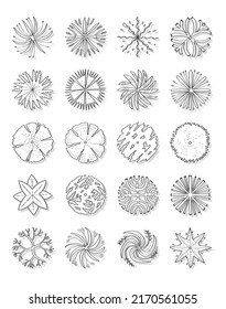 Hand drawn vector illustration set of top view trees isolated on white background.