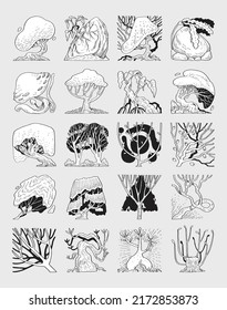 Hand drawn vector illustration set of side view fantasy trees isolated on white background.